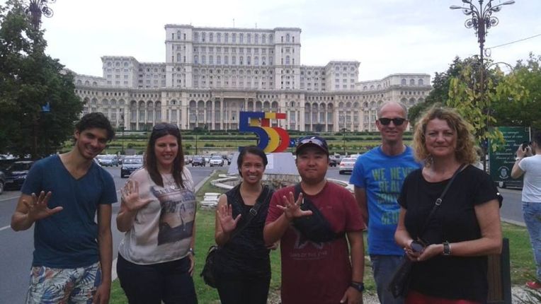 In front of the Palace of Parliament, Ceausescu's masterpiece
