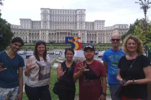 In front of the Palace of Parliament, Ceausescu's masterpiece