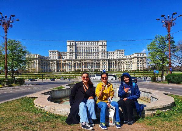 In front of the Palace of Parliament, Ceausescu's masterpiece