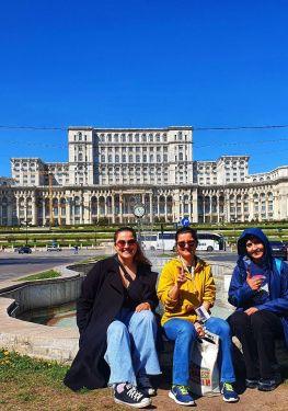 In front of the Palace of Parliament, Ceausescu's masterpiece