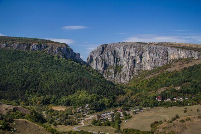 view of the Turda Gorge and cliffs, the parking lot at the base