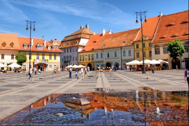 Aerial view of Sibiu old town. The history of Hermannstadt reaches